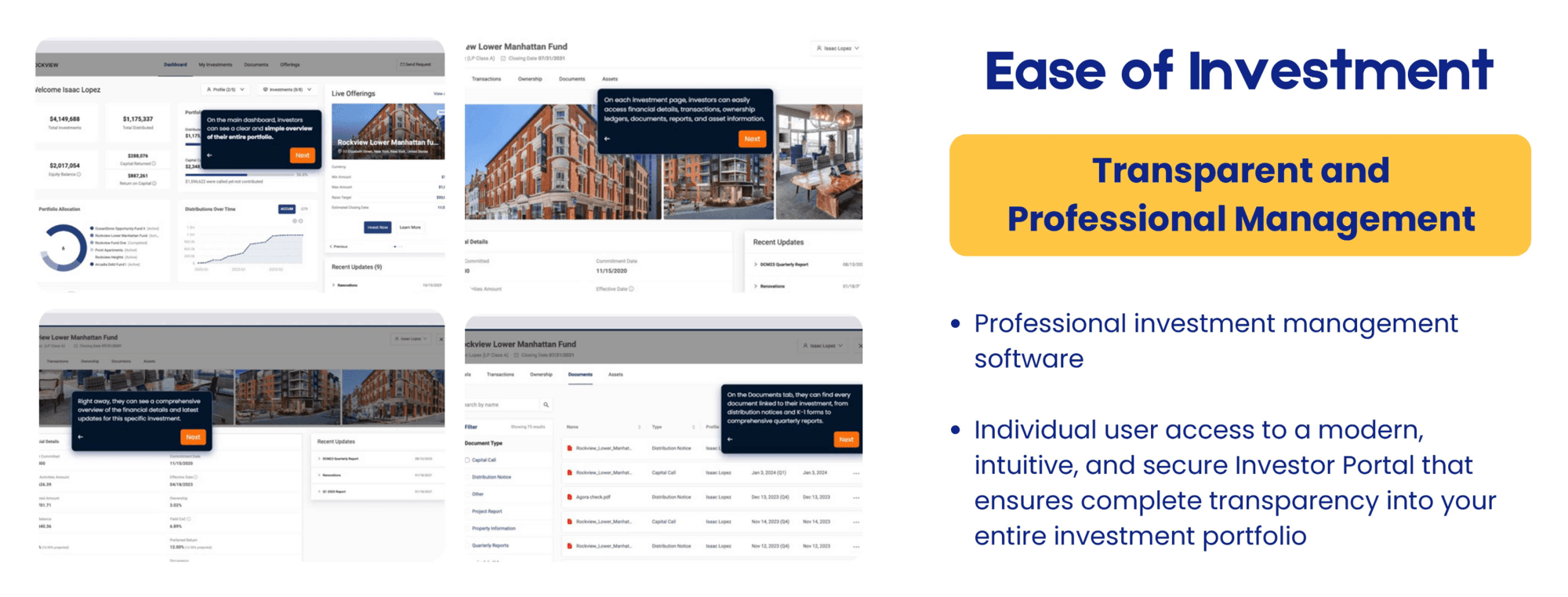 SBS America uses the AgoraReal investor portal for dashboards, transactions, documents, and reports.
